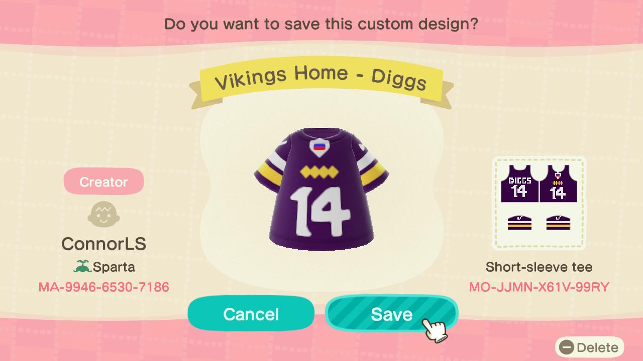 Animal Crossing Design Code: MO-JJMN-X61V-99RY Vikings Home - Diggs