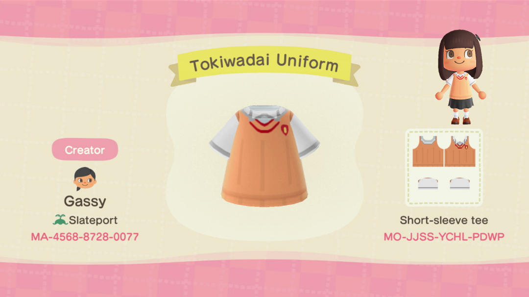 Animal Crossing Design Code: MO-JJSS-YCHL-PDWP Tokiwadai Uniform