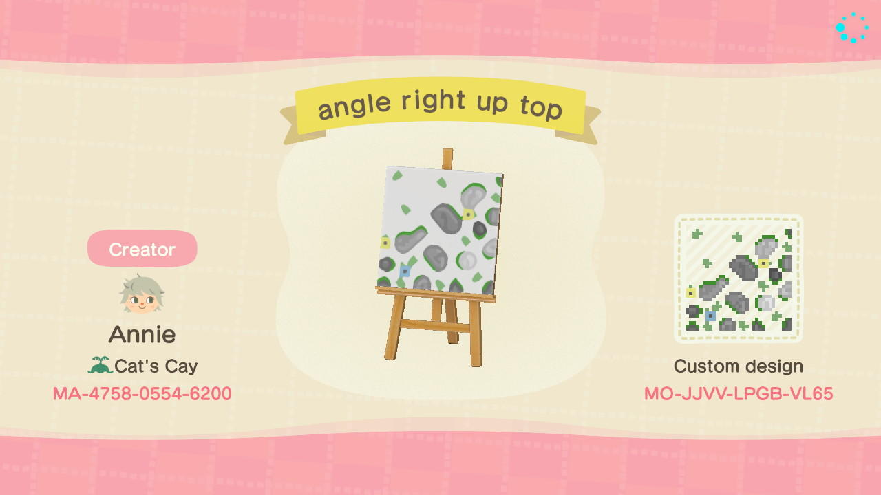 Animal Crossing Design Code: MO-JJVV-LPGB-VL65 angle right up top