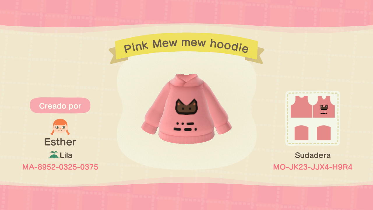 Animal Crossing Design Code: MO-JK23-JJX4-H9R4 Pink Mew Mew Hoodie