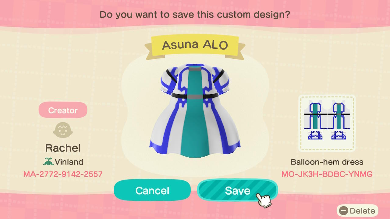 Animal Crossing Design Code: MO-JK3H-BDBC-YNMG Asuna ALO