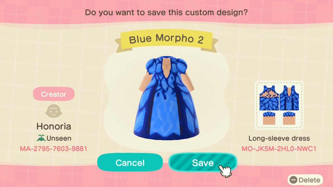 Animal Crossing Design Code: MO-JK5M-2HL0-NWC1 Blue Morpho 2
