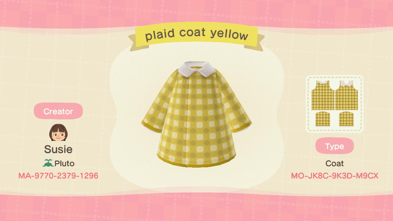 Animal Crossing Design Code: MO-JK8C-9K3D-M9CX plaid coat yellow