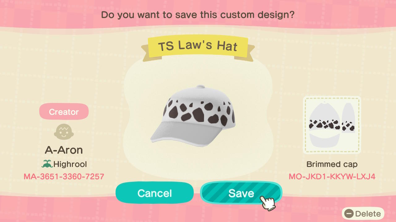 Animal Crossing Design Code: MO-JKD1-KKYW-LXJ4 TS Law Hat