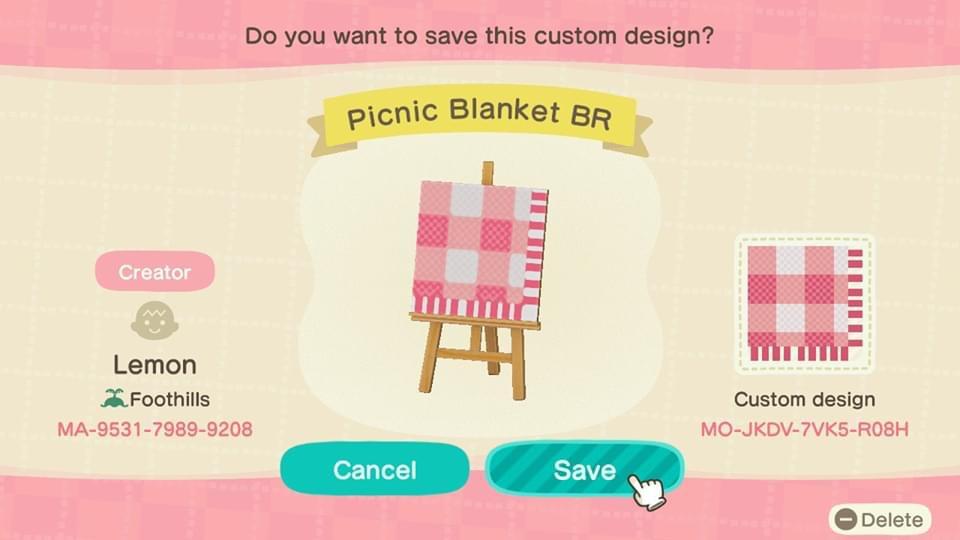 Animal Crossing Design Code: MO-JKDV-7VK5-R08H Picnic Blanket BR
