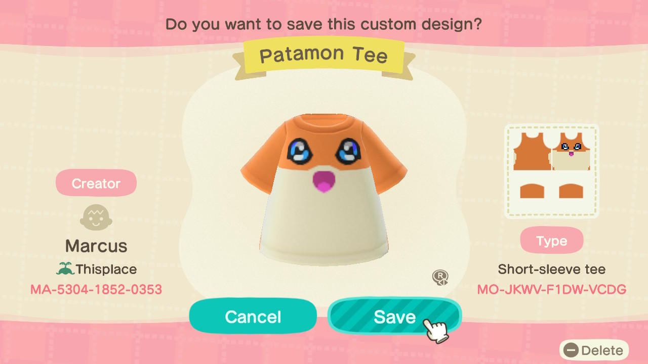 Animal Crossing Design Code: MO-JKWV-F1DW-VCDG Patamon Tee