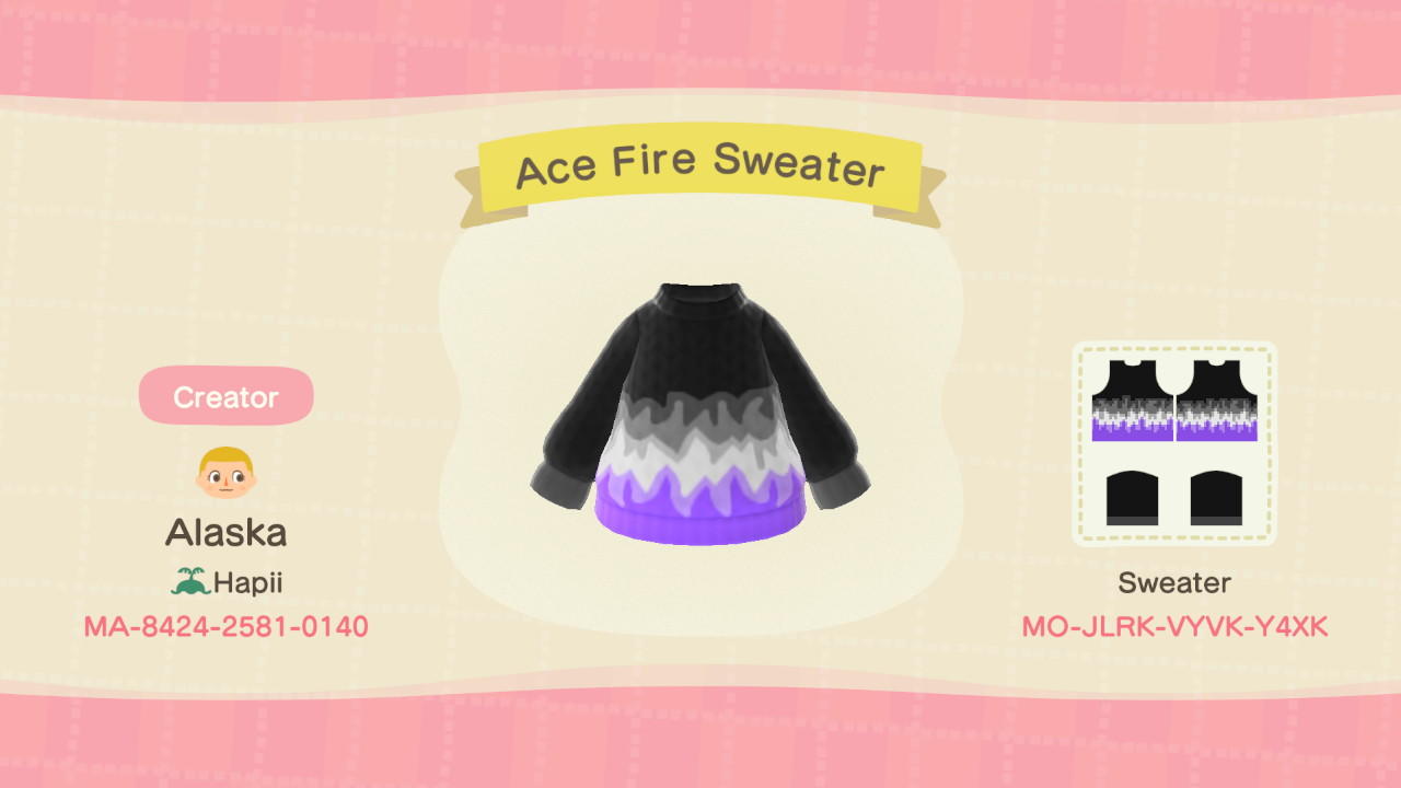 Animal Crossing Design Code: MO-JLRK-VYVK-Y4XK Ace Fire Sweater