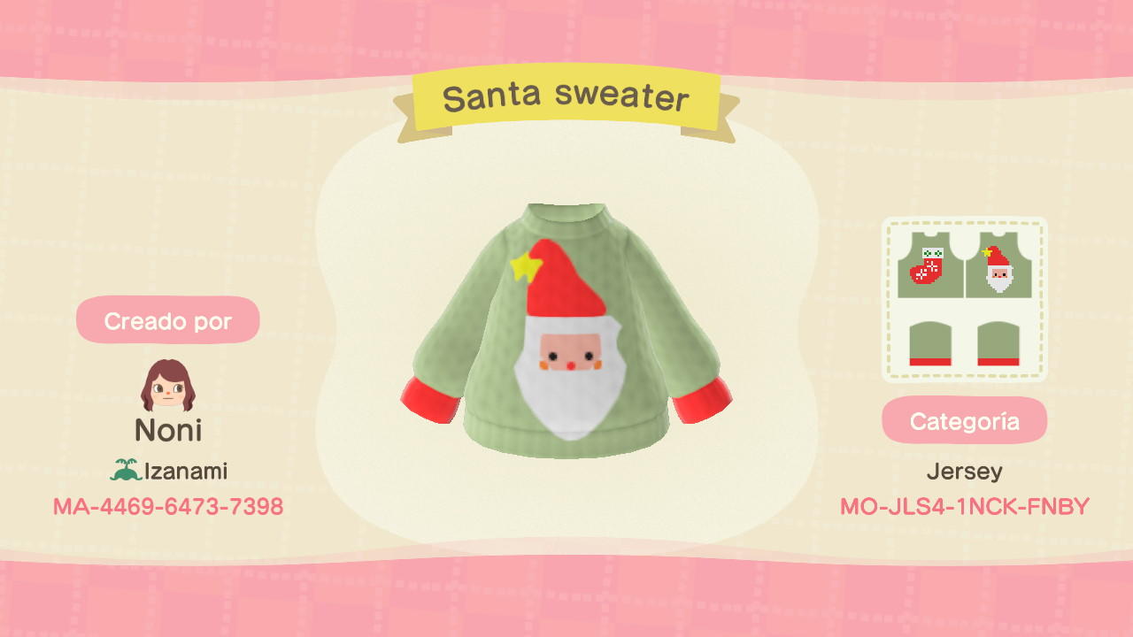 Animal Crossing Design Code: MO-JLS4-1NCK-FNBY Santa sweater