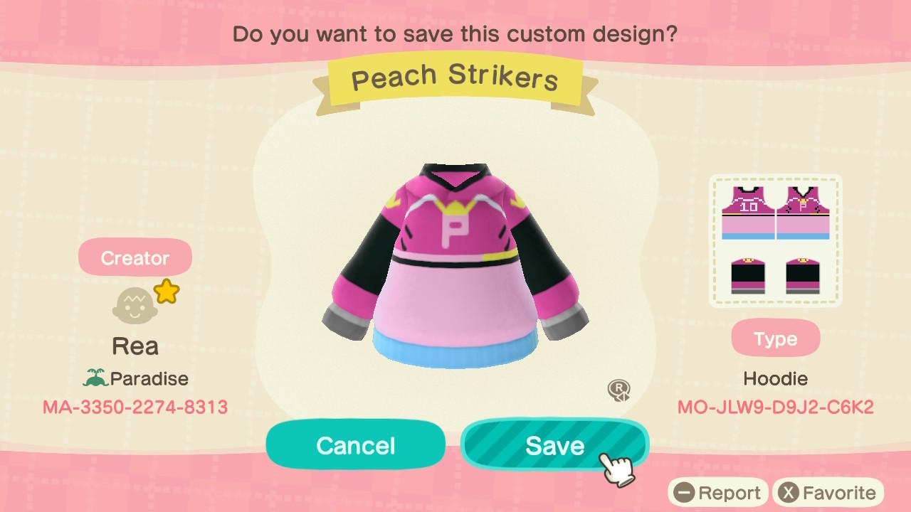 Animal Crossing Design Code: MO-JLW9-D9J2-C6K2 Peach (Strikers)