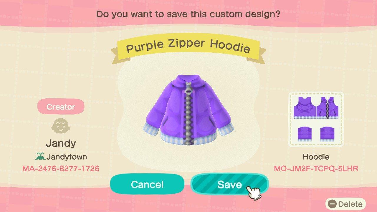 Animal Crossing Design Code: MO-JM2F-TCPQ-5LHR Purple Zipper Hoodie