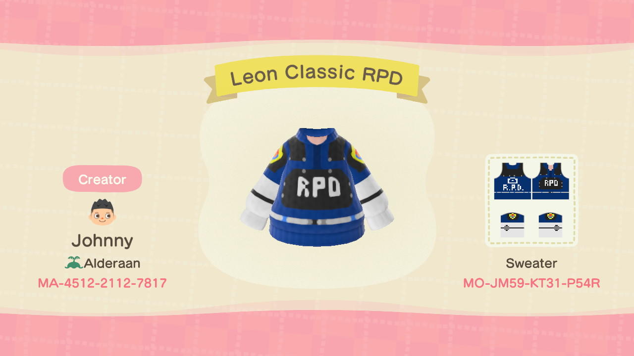 Animal Crossing Design Code: MO-JM59-KT31-P54R Leon Classic RPD