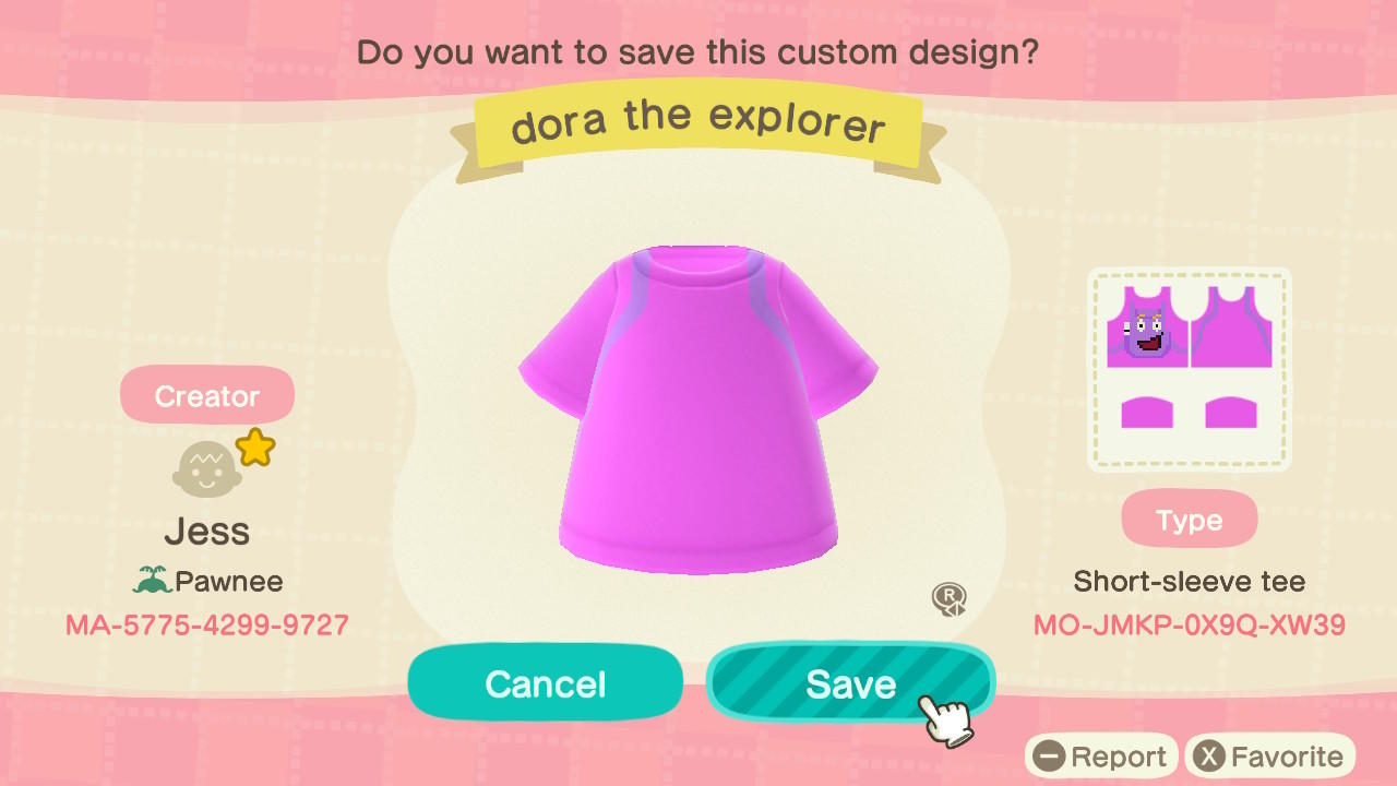 Animal Crossing Design Code: MO-JMKP-0X9Q-XW39 Dora the Explorer
