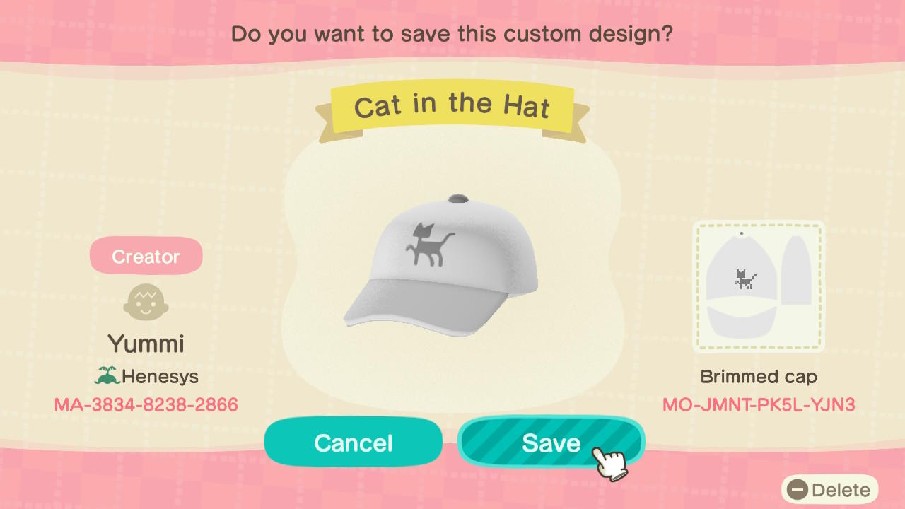 Animal Crossing Design Code: MO-JMNT-PK5L-YJN3 Cat in the Hat