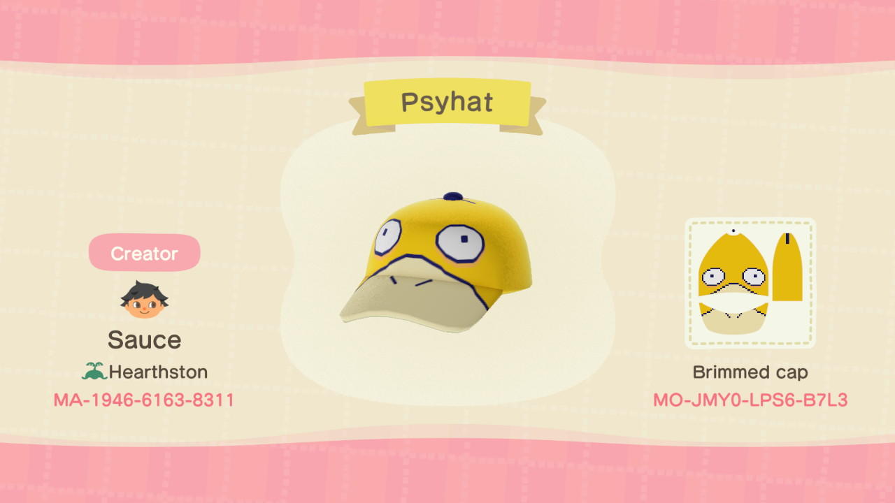 Animal Crossing Design Code: MO-JMY0-LPS6-B7L3 Psyduck Hat
