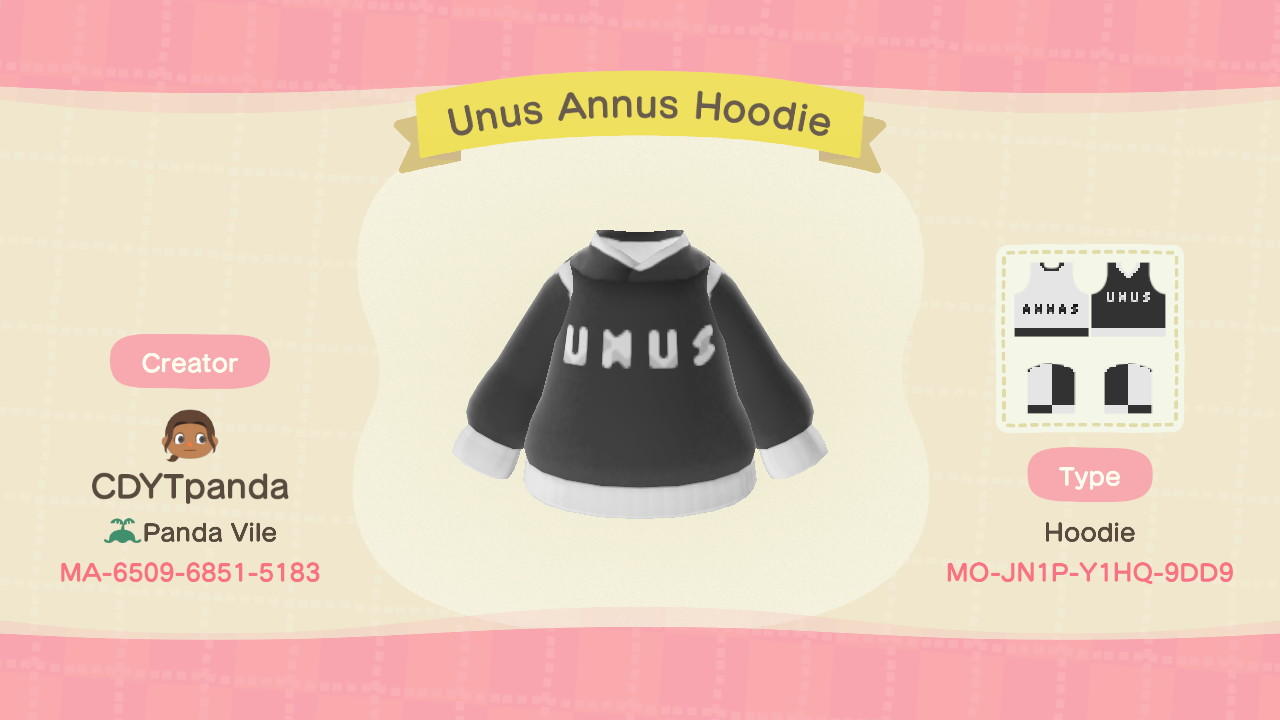 Animal Crossing Design Code: MO-JN1P-Y1HQ-9DD9 Unus Annus Hoodie