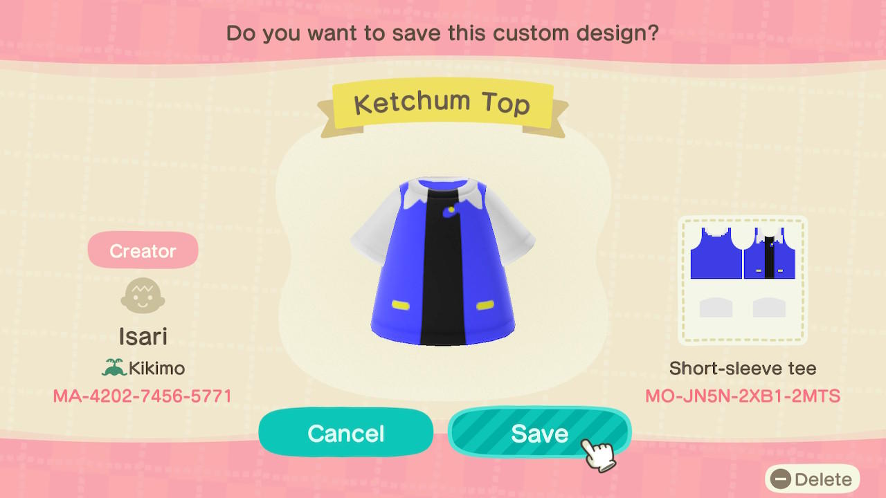 Animal Crossing Design Code: MO-JN5N-2XB1-2MTS Ketchum Top