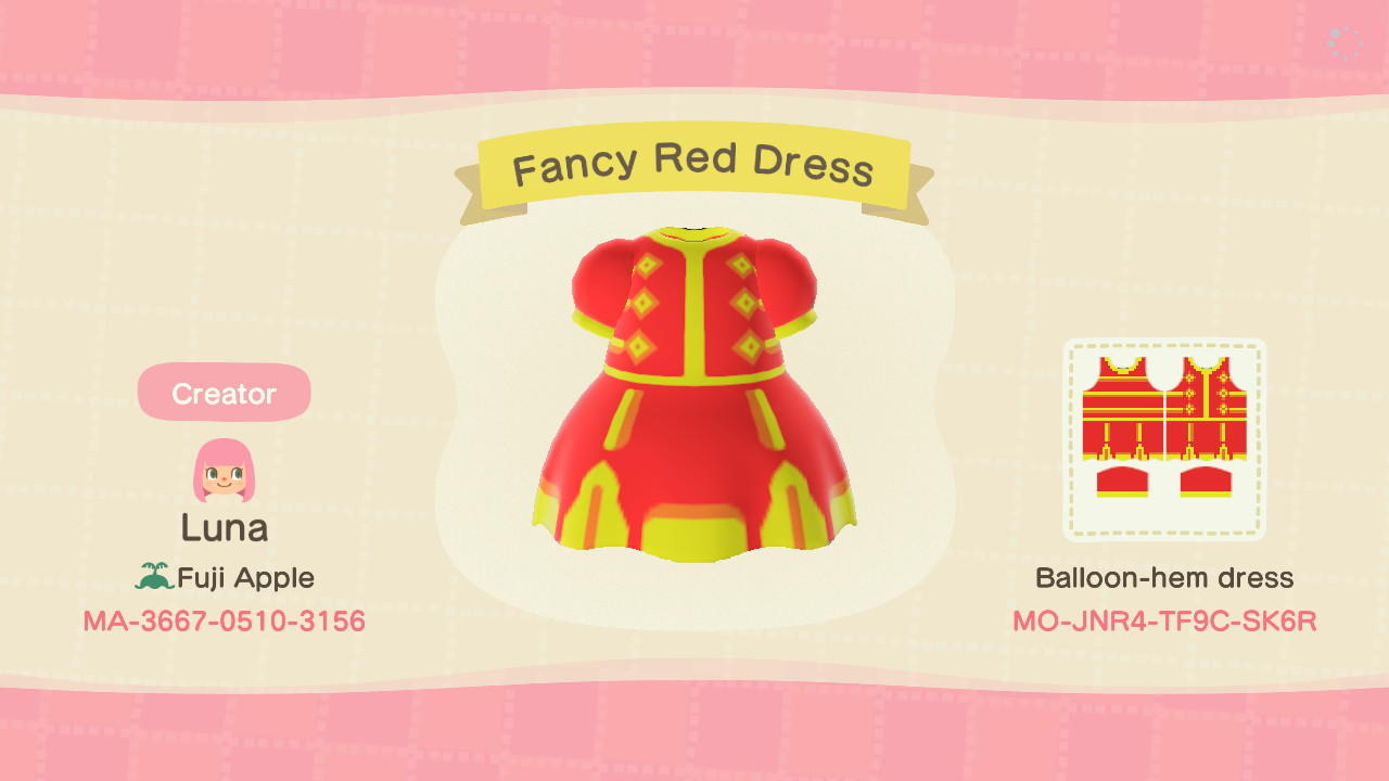 Animal Crossing Design Code: MO-JNR4-TF9C-SK6R Fancy Red Dress