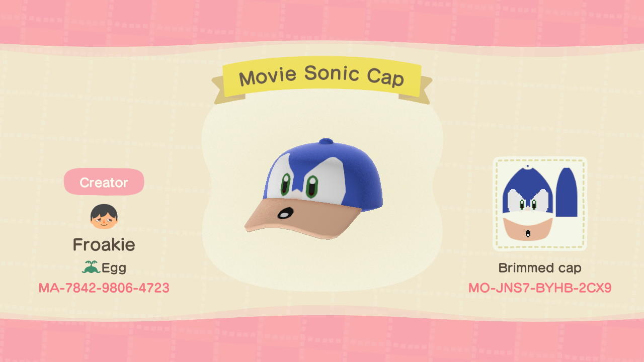 Animal Crossing Design Code: MO-JNS7-BYHB-2CX9 Movie Sonic Cap