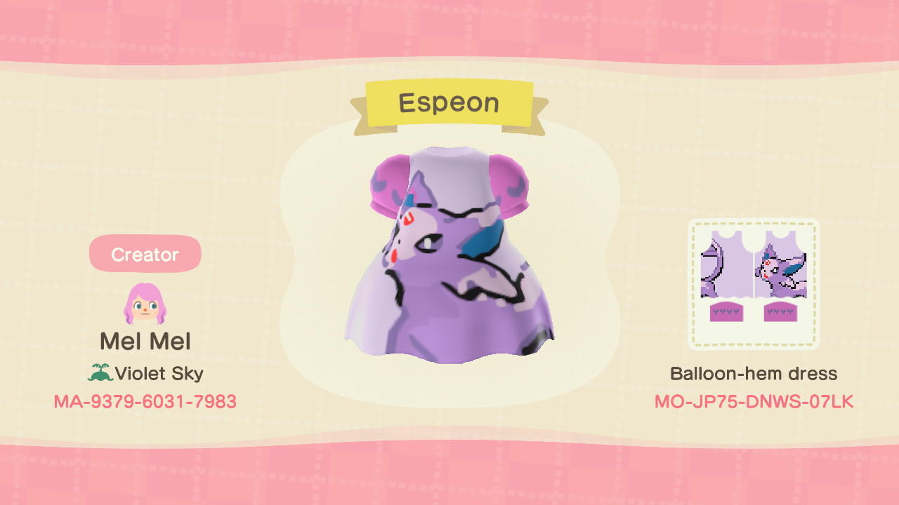 Animal Crossing Design Code: MO-JP76-DNWS-07LK Cute Espeon dress