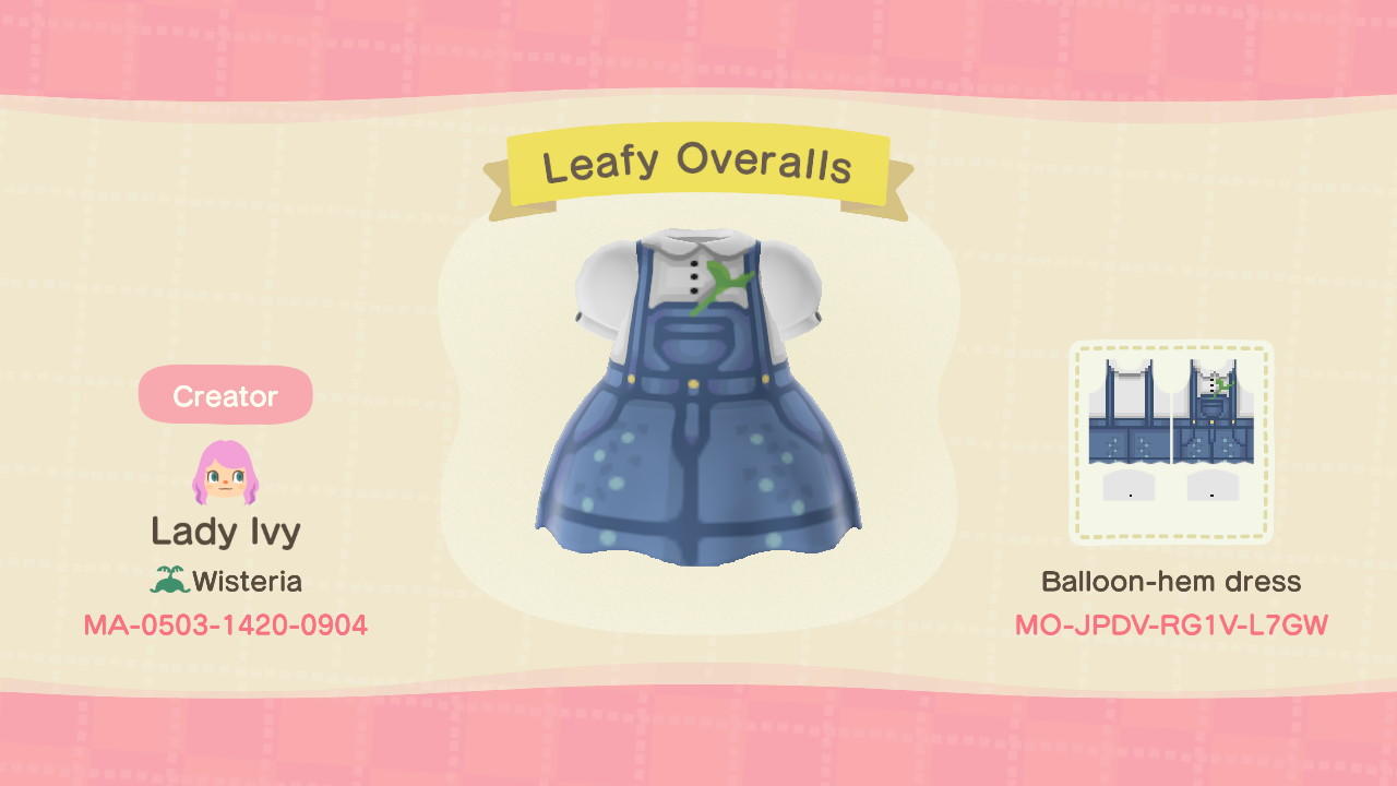 Animal Crossing Design Code: MO-JPDV-RG1V-L7GW Leafy Overalls