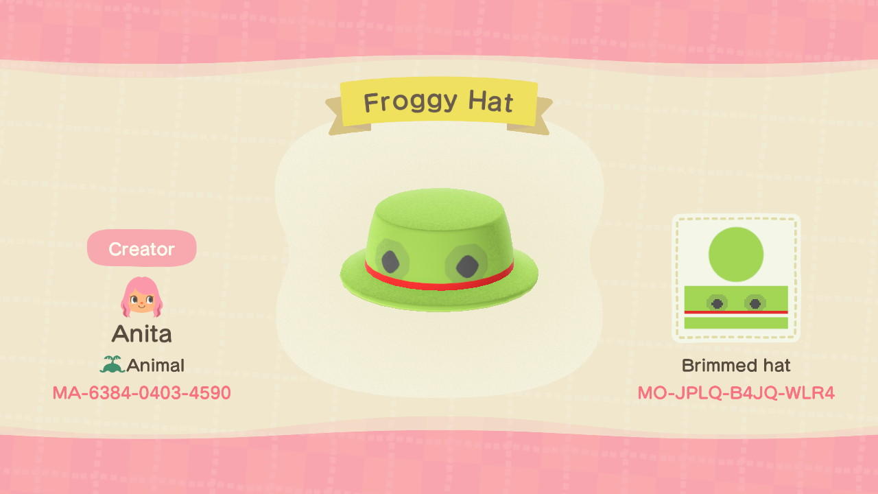 Animal Crossing Design Code: MO-JPLQ-B4JQ-WLR4 Froggy Hat