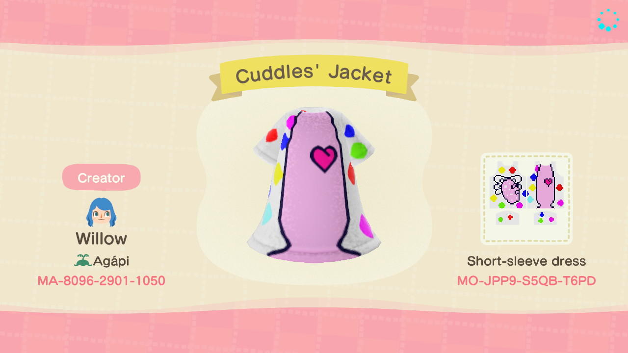 Animal Crossing Design Code: MO-JPP9-S5QB-T6PD Cuddles&#39; Jacket