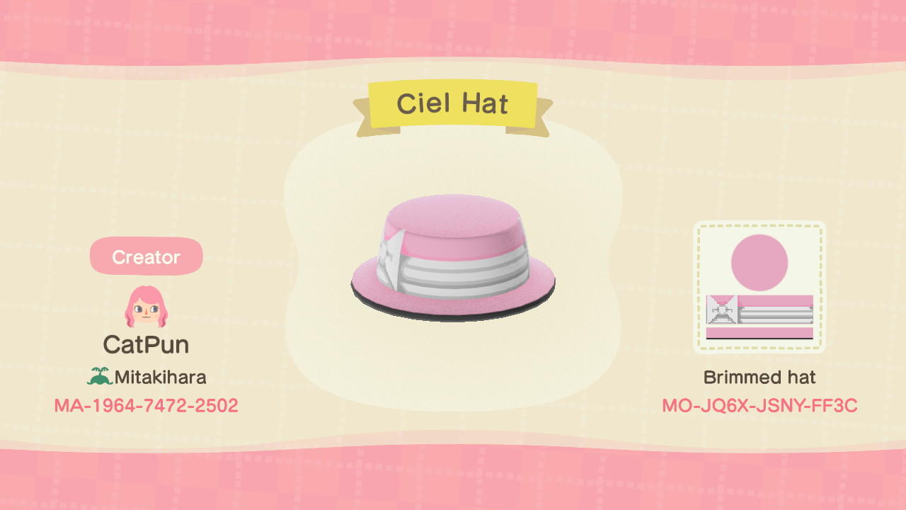 Animal Crossing Design Code: MO-JQ6X-JSNY-FF3C Ciel Hat