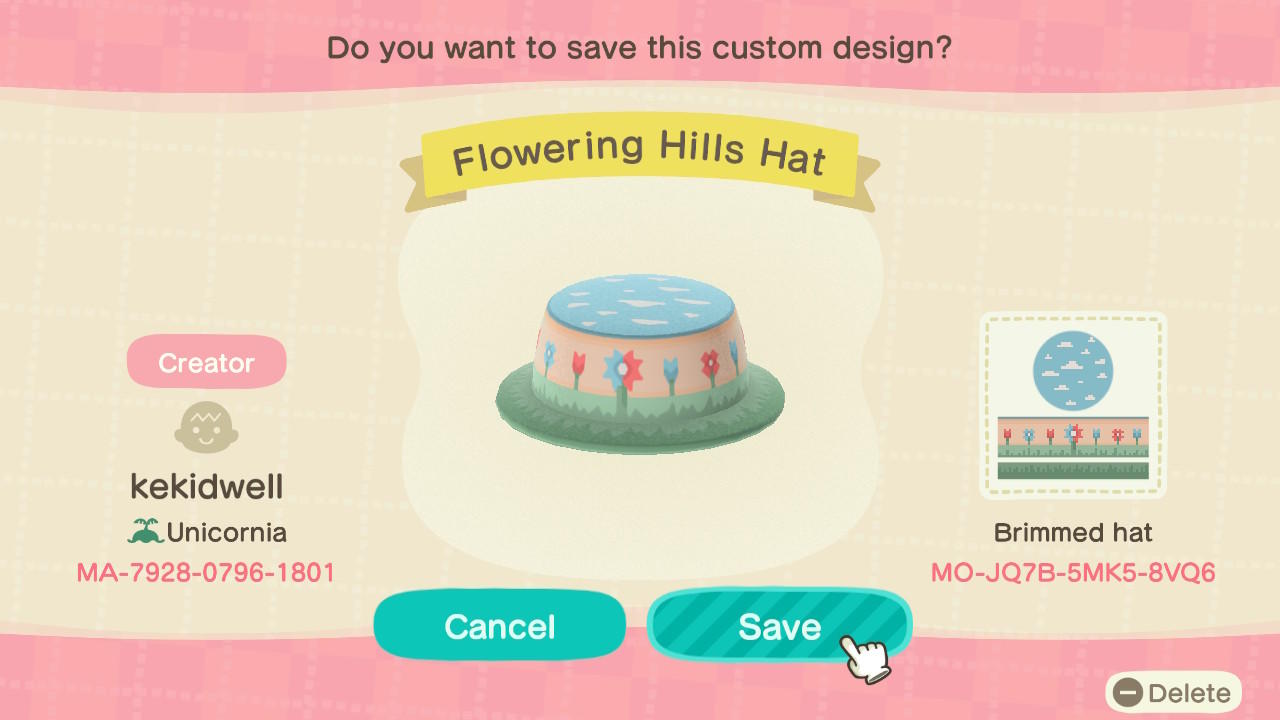 Animal Crossing Design Code: MO-JQ7B-5MK5-8VQ6 Flowering Hills Hat