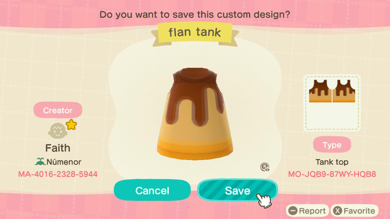 Animal Crossing Design Code: MO-JQB9-87WY-HQB8 flan tank