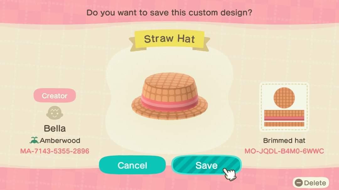Animal Crossing Design Code: MO-JQDL-B4M0-6WWC Straw Hat