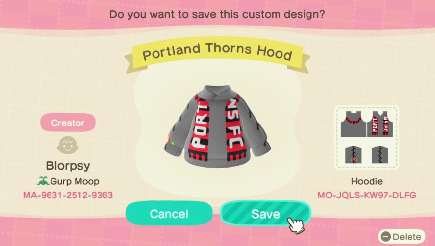 Animal Crossing Design Code: MO-JQLS-KW97-DLFG Portland Thorns Hood