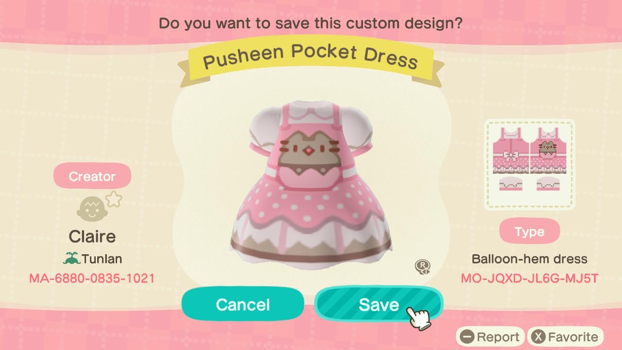 Animal Crossing Design Code: MO-JQXD-JL6G-MJ5T Pusheen Pocket Dress