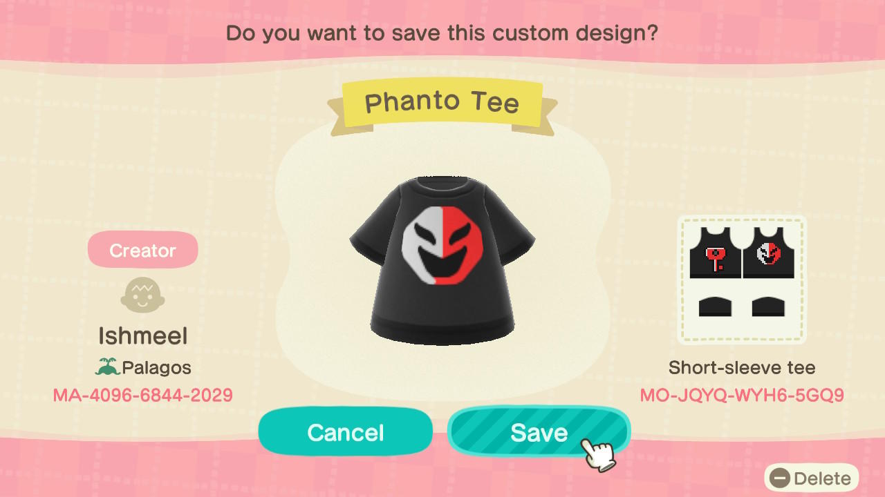 Animal Crossing Design Code: MO-JQYQ-WYH6-5GQ9 Phanto Tee