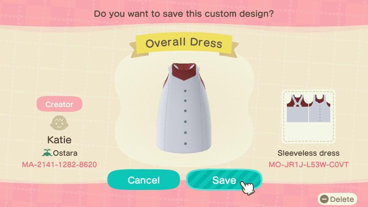 Animal Crossing Design Code: MO-JR1J-L53W-C0VT Overall Dress