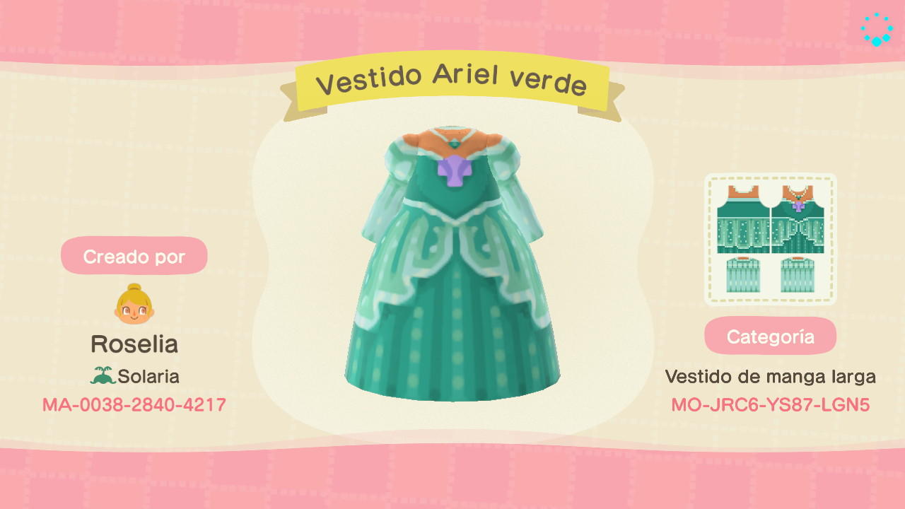 Animal Crossing Design Code: MO-JRC6-YS87-LGN5 Vestido Ariel verde