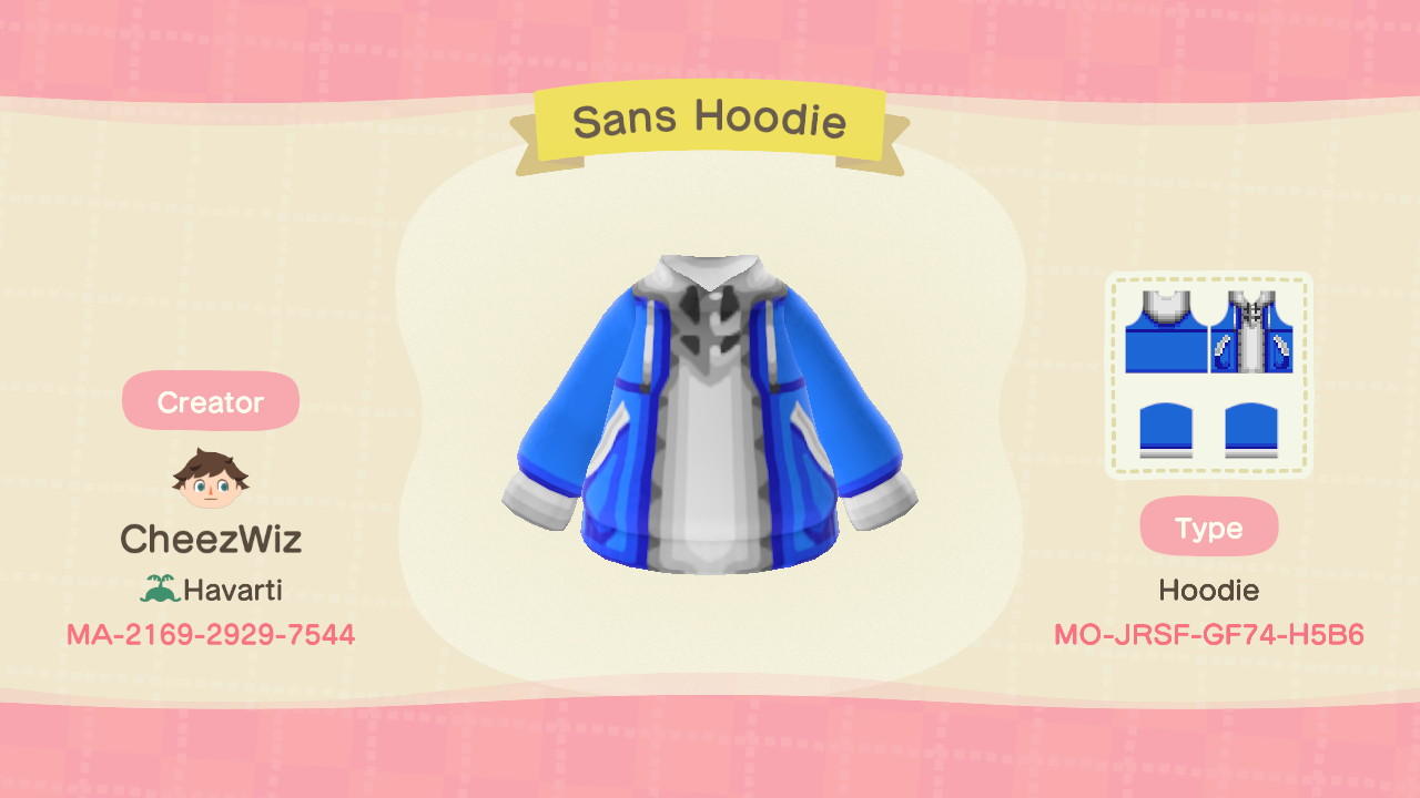 Animal Crossing Design Code: MO-JRSF-GF74-H5B6 Sans Hoodie