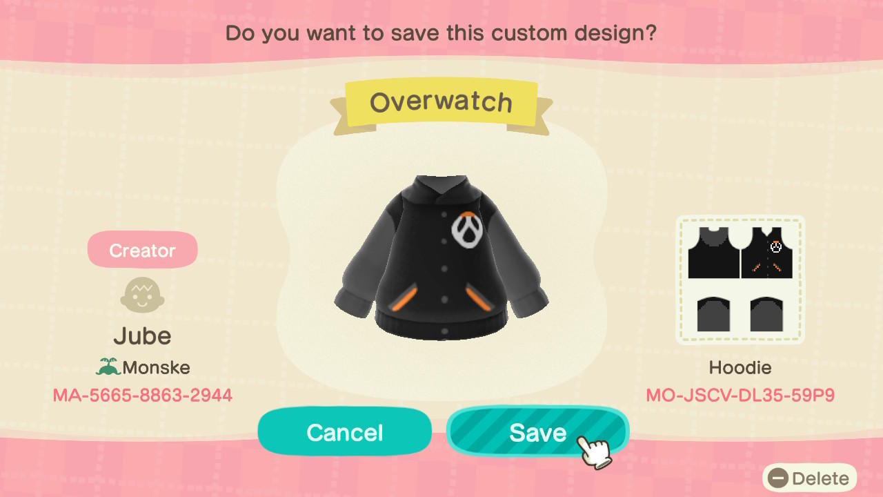 Animal Crossing Design Code: MO-JSCV-DL35-59P9 Overwatch Hoodie