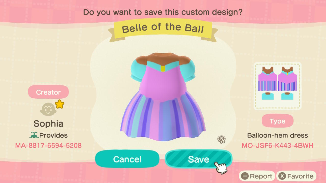 Animal Crossing Design Code: MO-JSF6-K443-4BWH Belle of the Ball