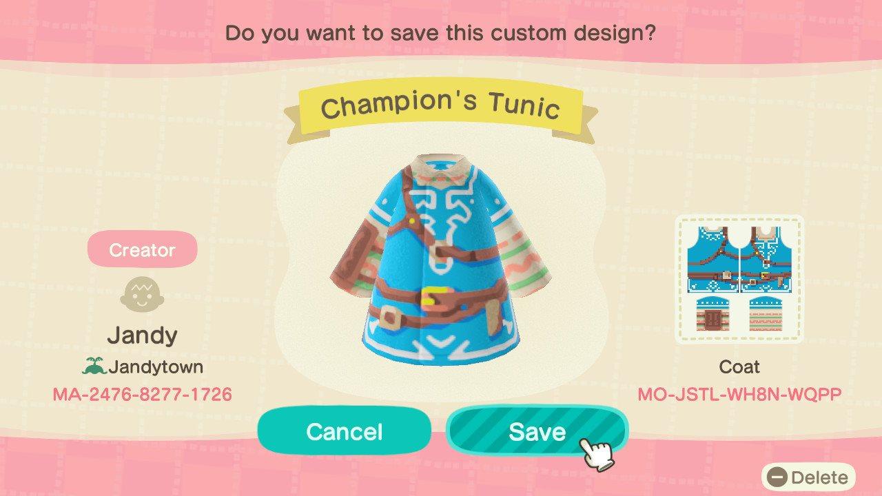Animal Crossing Design Code: MO-JSTL-WH8N-WQPP Champion's Tunic
