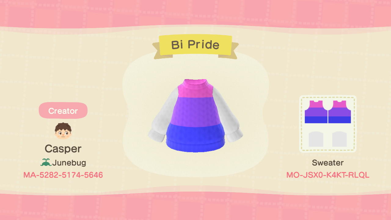 Animal Crossing Design Code: MO-JSX0-K4KT-RLQL Bi Pride Sweater