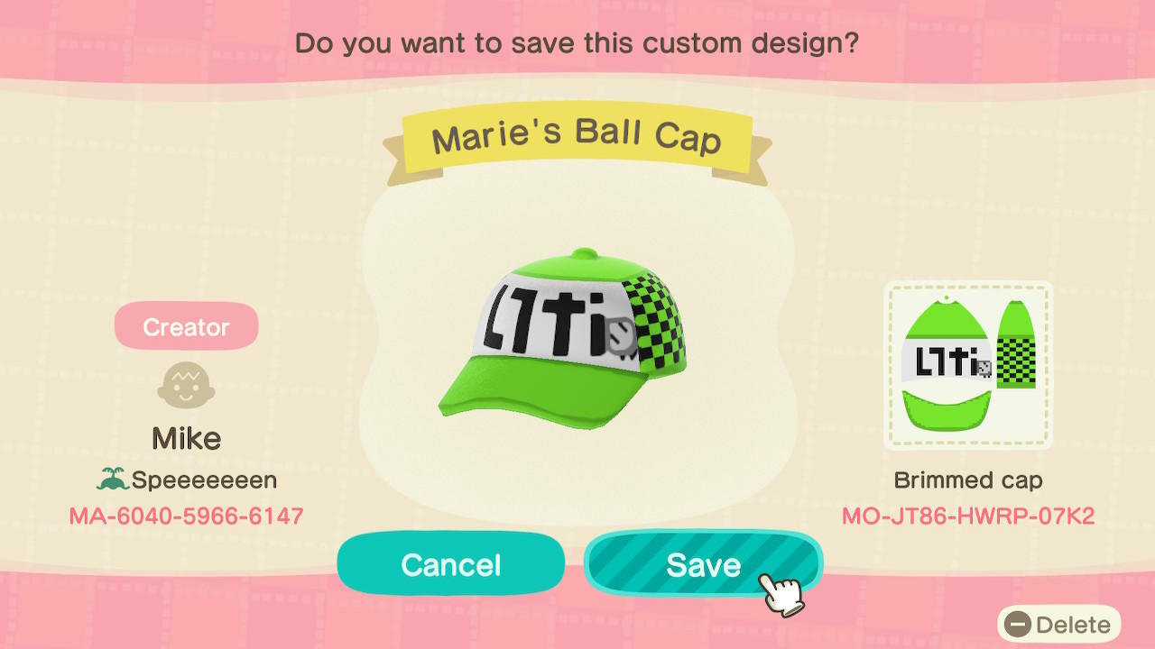 Animal Crossing Design Code: MO-JT86-HWRP-07K2 Marie's Ball Cap