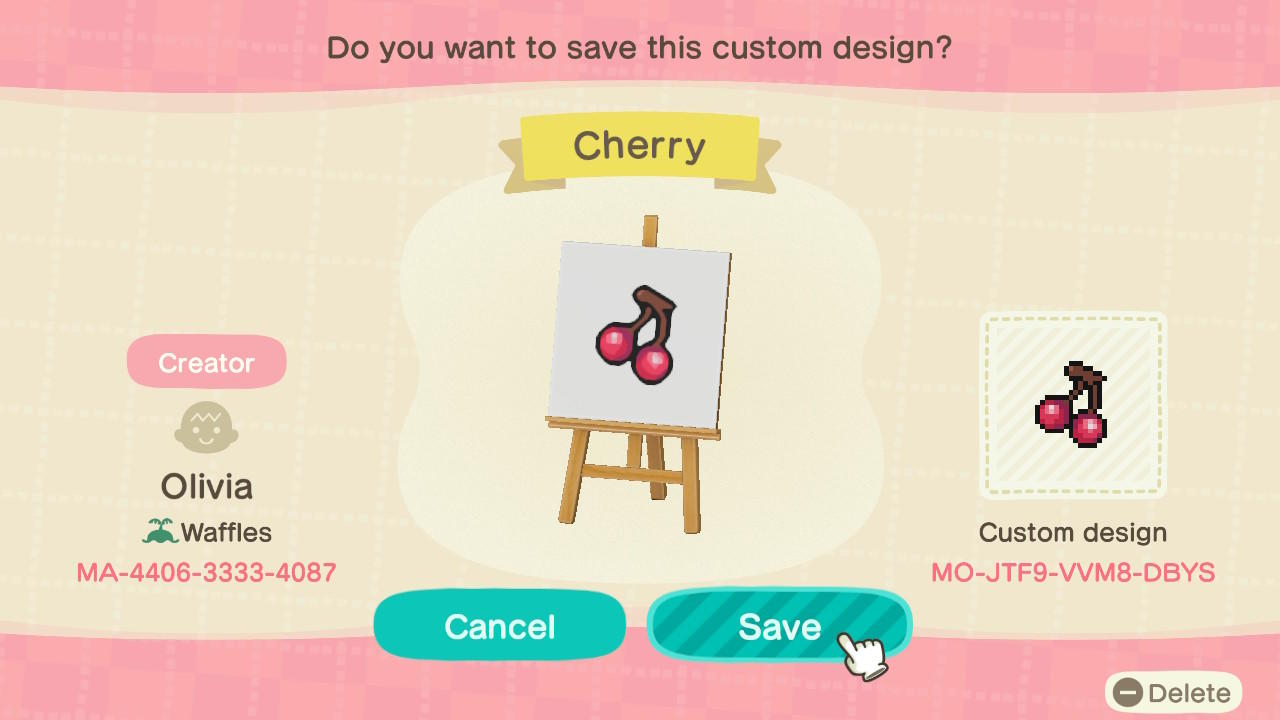 Animal Crossing Design Code: MO-JTF9-VVM8-DBYS Cherry