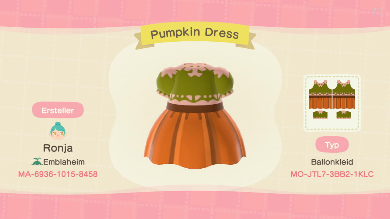 Animal Crossing Design Code: MO-JTL7-3882-1KLC Pumpkin Dress