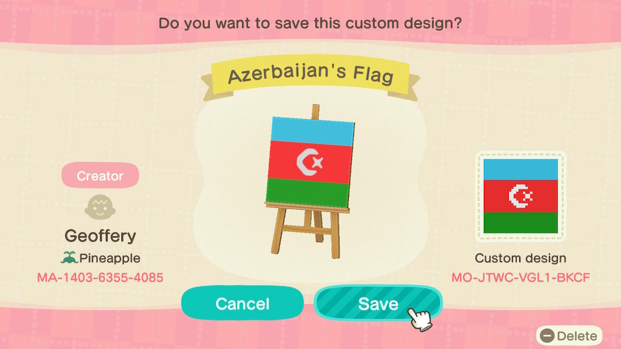 Animal Crossing Design Code: MO-JTWC-VGL1-BKCF Azerbaijans Flag