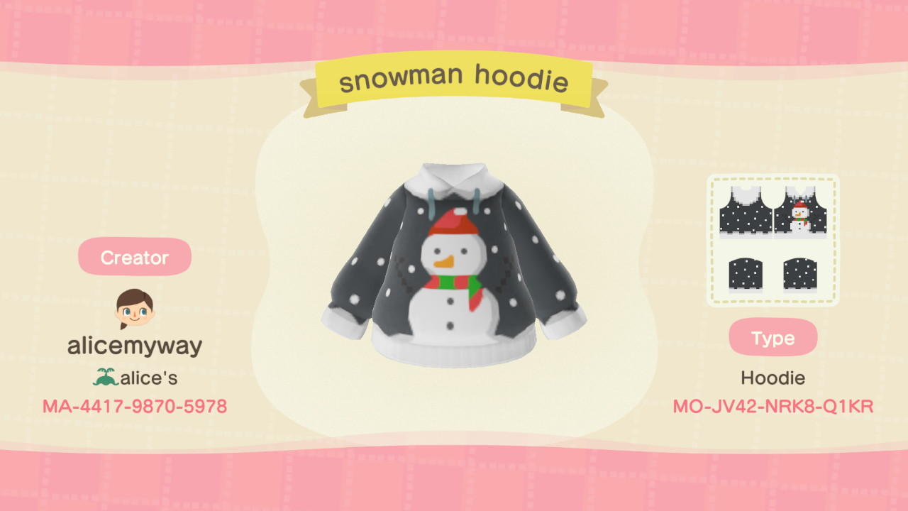 Animal Crossing Design Code: MO-JV42-NRK8-Q1KR Snowman Hoodie