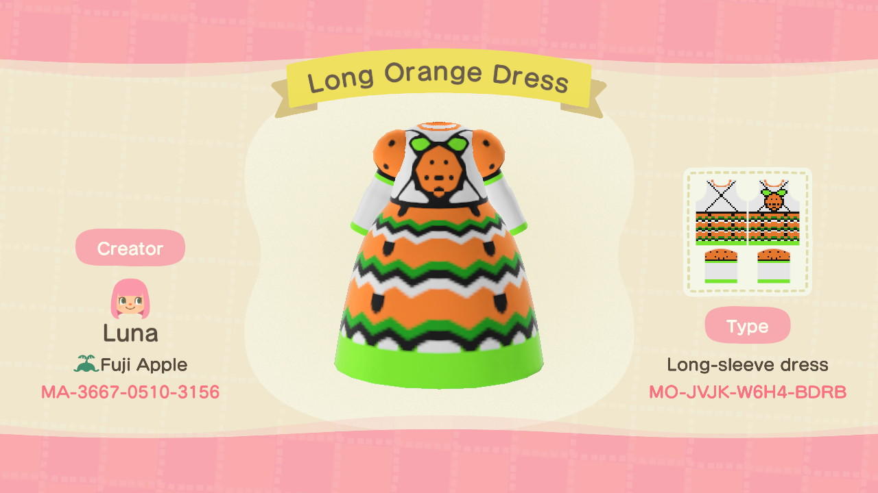 Animal Crossing Design Code: MO-JVJK-W6H4-BDRB Long Orange Dress