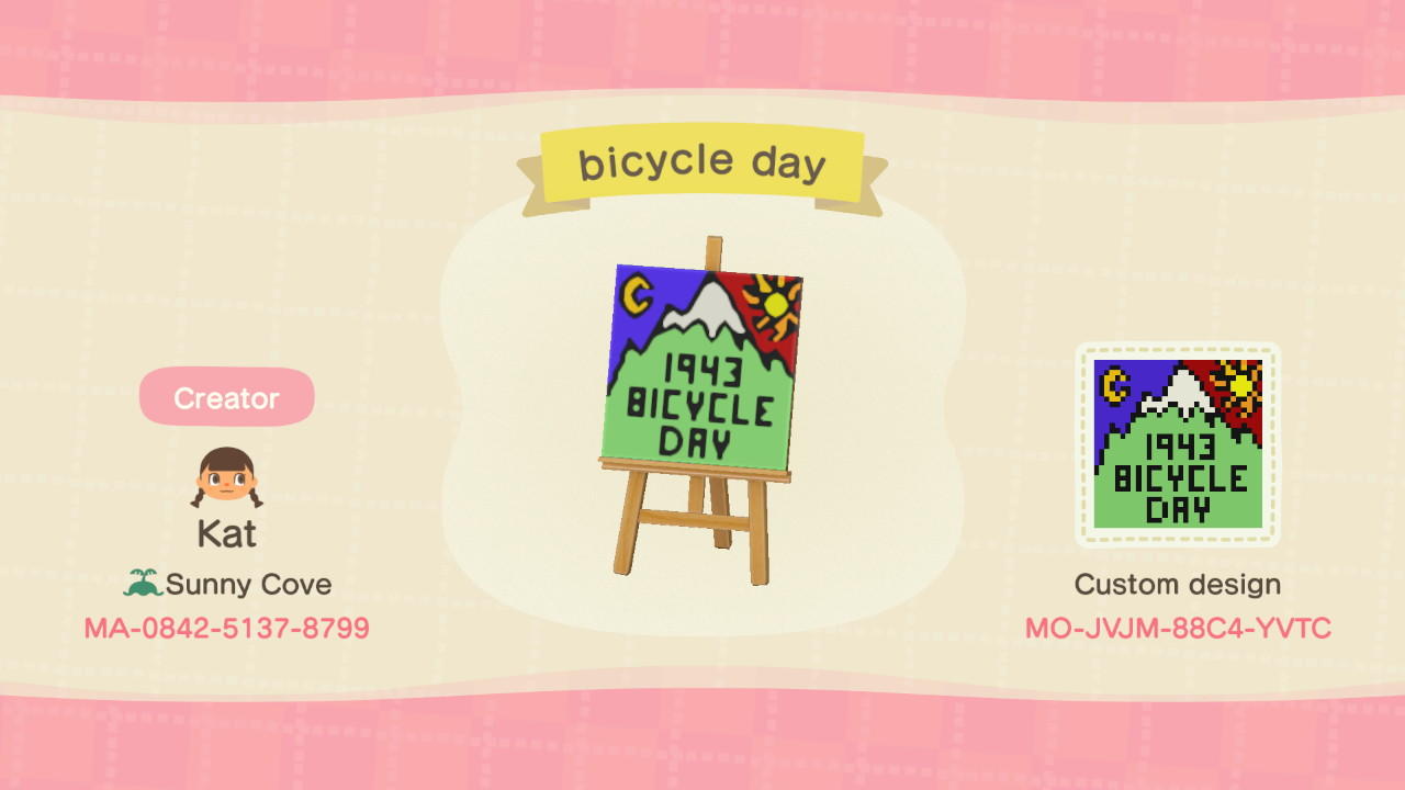 Animal Crossing Design Code: MO-JVJM-88C4-YVTC Bicycle day
