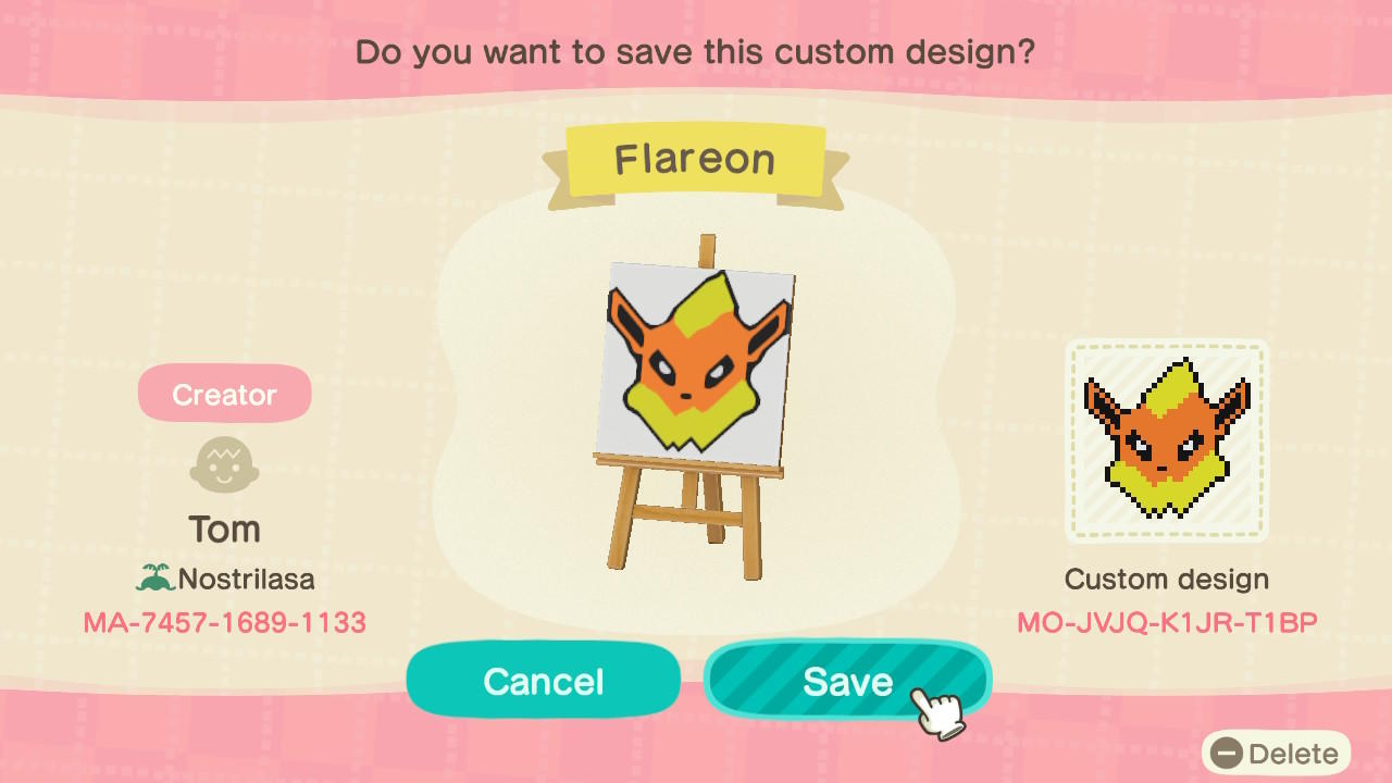 Animal Crossing Design Code: MO-JVJQ-K1JR-T1BP Flareon