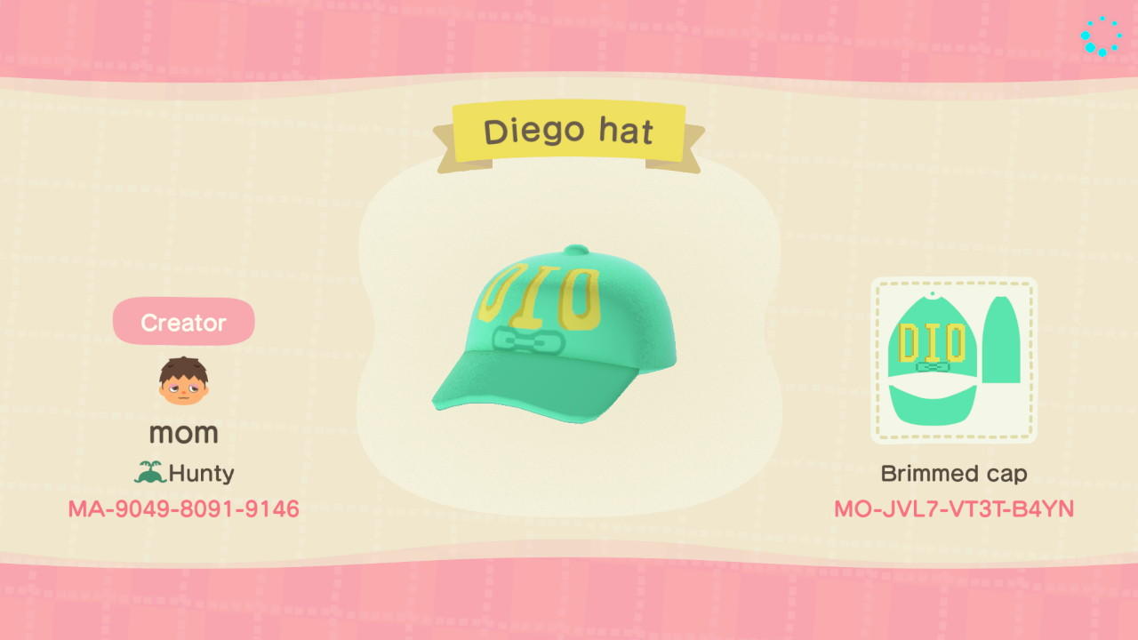 Animal Crossing Design Code: MO-JVL7-VT3T-B4YN Diego Brando cap