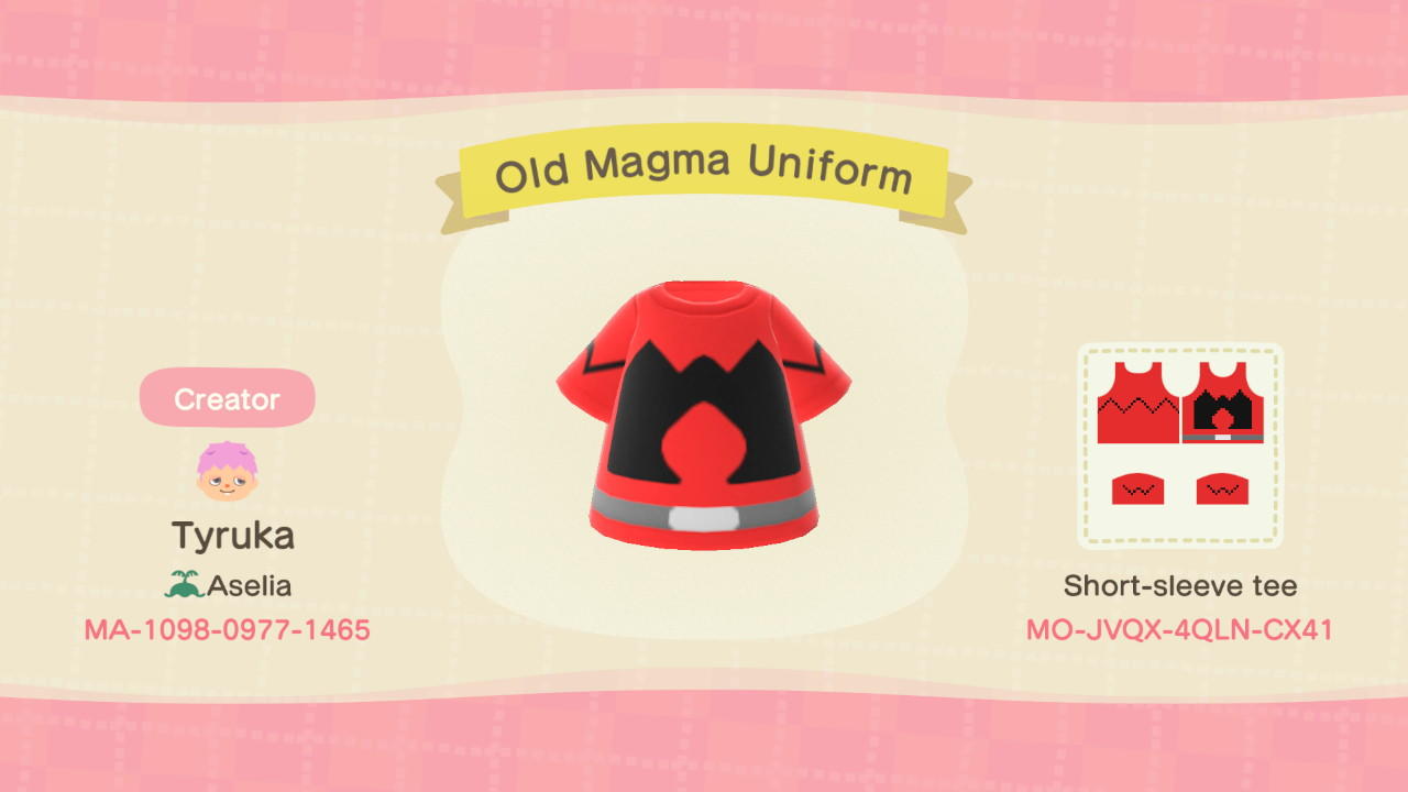 Animal Crossing Design Code: MO-JVQX-4QLN-CX41 Old Magma Uniform
